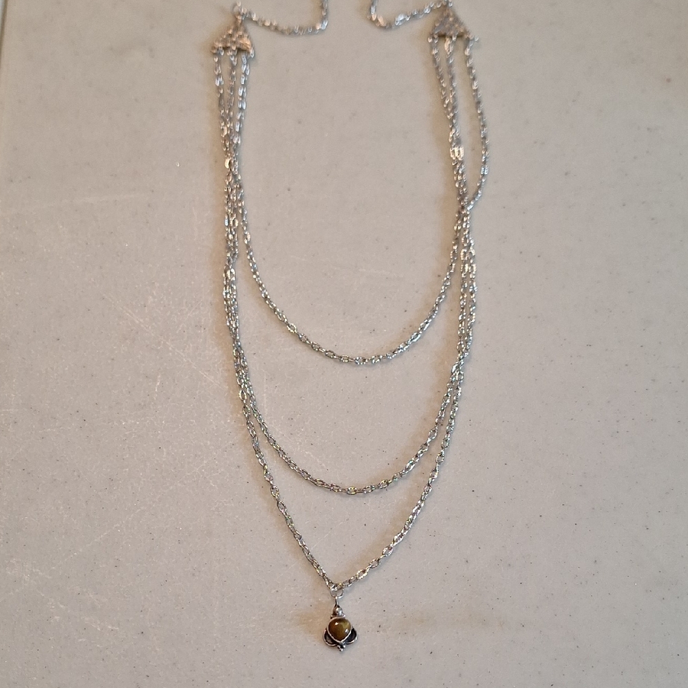 Elegant Layered Silver Necklace with Brown Stone Pendant